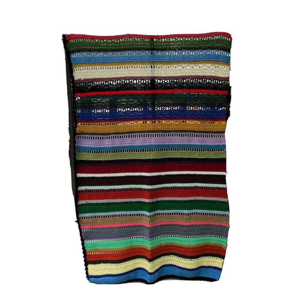 Hand Made Crochet Afghan Stripe Granny Throw Lap Blanket Boho 46 x 60"